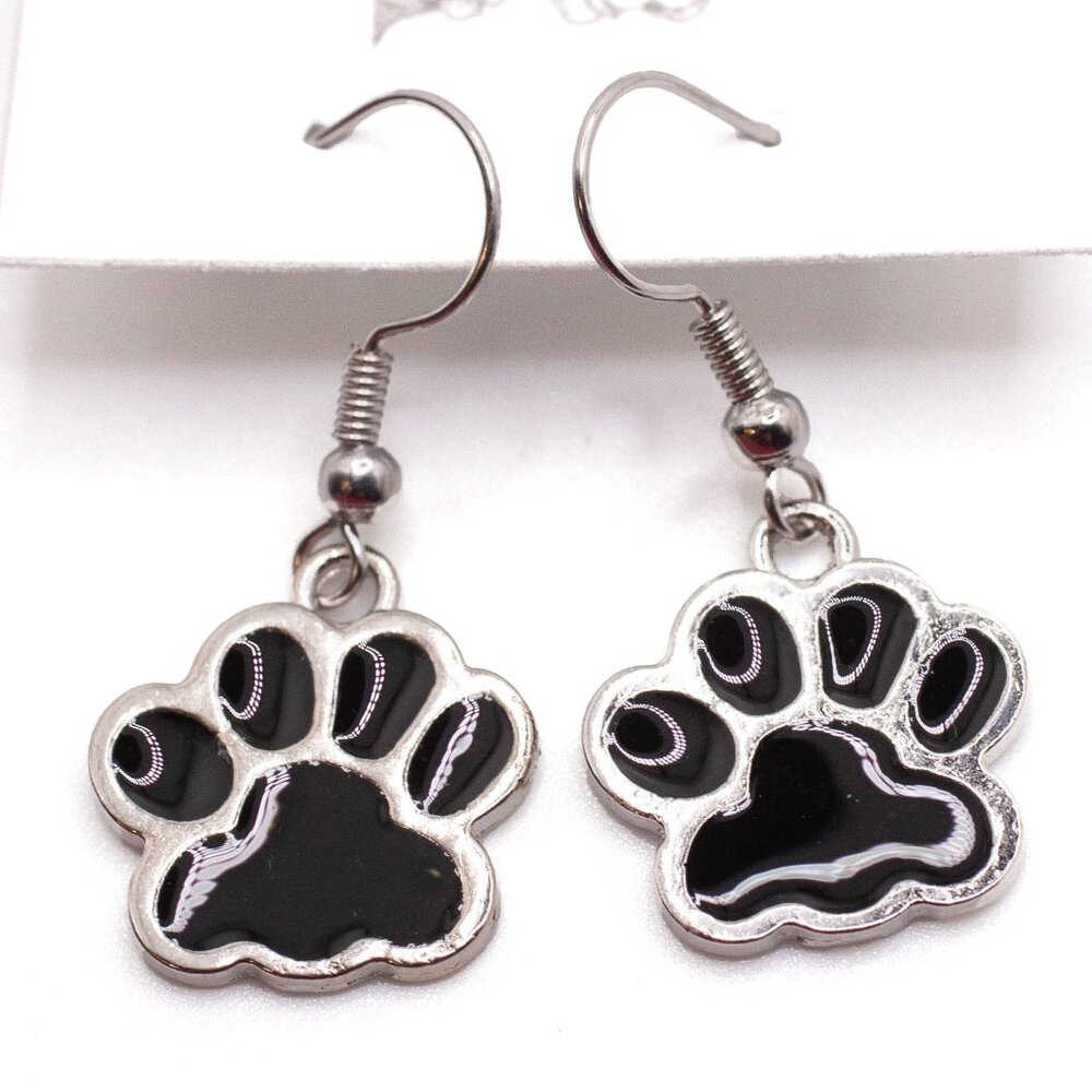 Handmade Silvertone & Black Enamel Paw Print Earrings, New